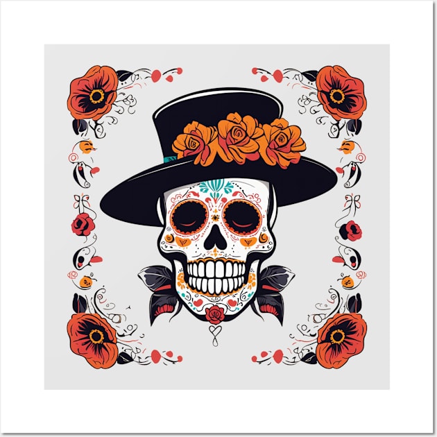 Sugar skull with top hat floral dia de los muertos halloween design Wall Art by Edgi